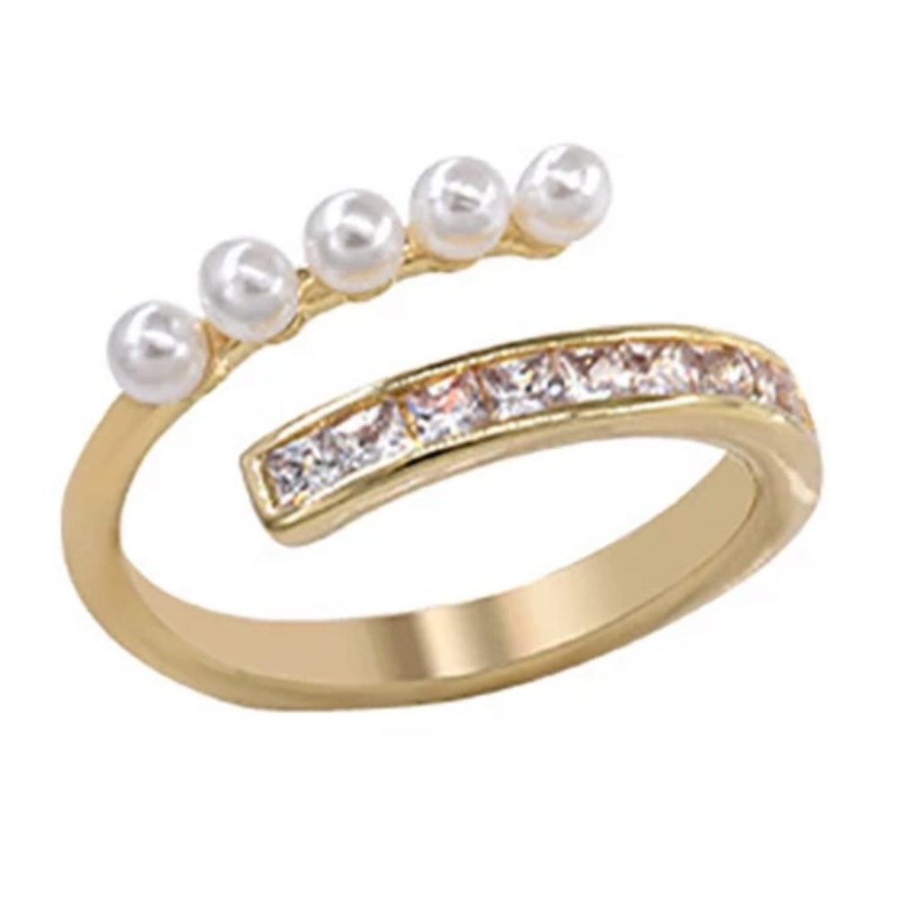 S925 Stamped Gold-Tone Ring, Adjustable Ring, Pearl CZ Wrap Ring,